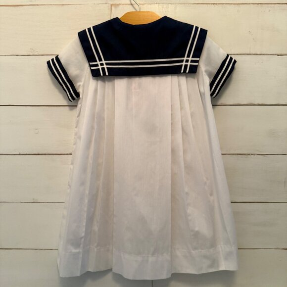 Size 6 Girls Vintage 70's Sailor Dress Ance K White Navy Collar Red Tie Pleated - Picture 4 of 10